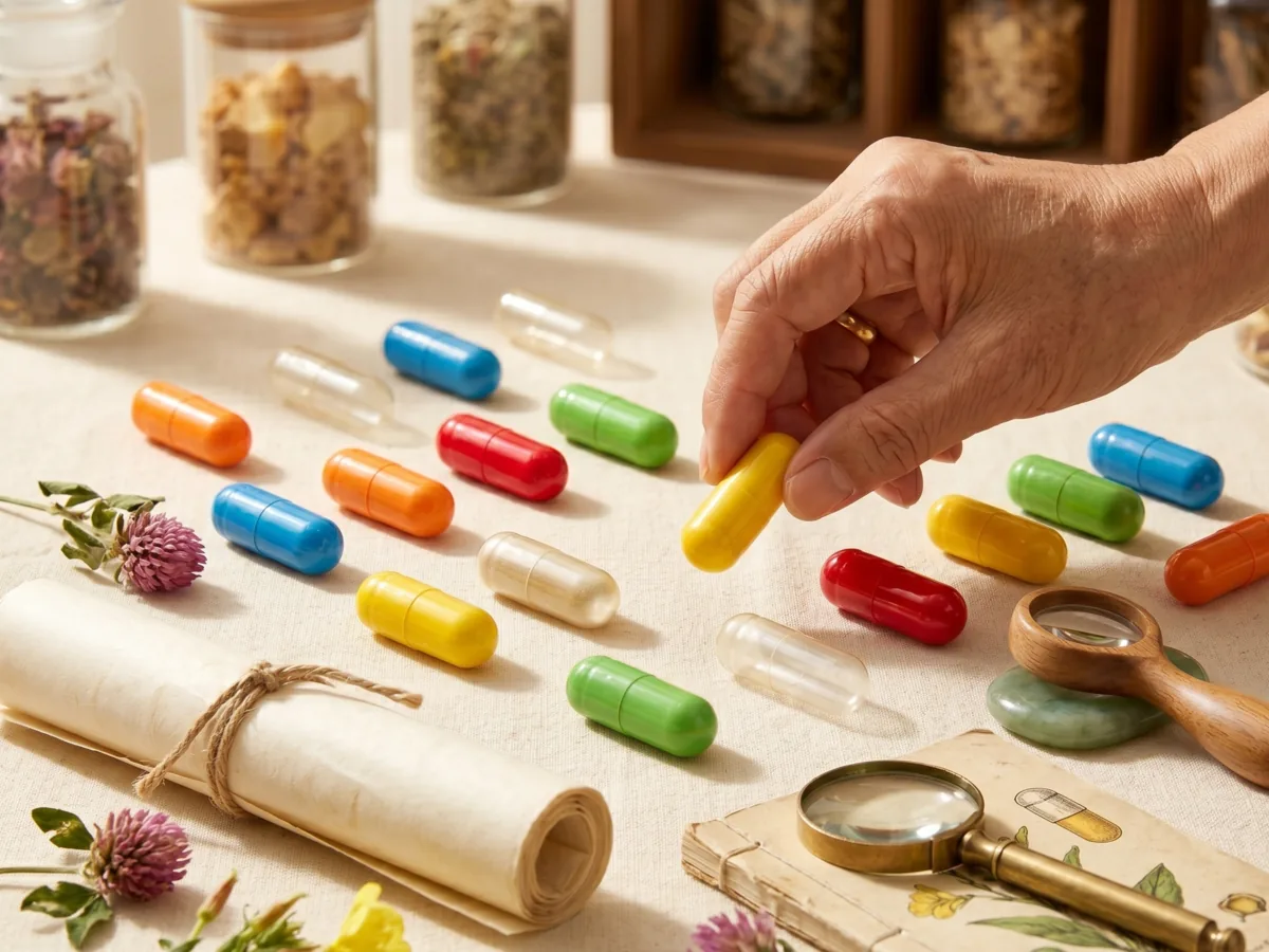 老年营养补充剂胶囊壳选型主图,展示老人手部拿取彩色空心胶囊、草本原料和放大镜,用于说明颜色识别、规格区分和误服混服风险控制-吉林星源胶囊