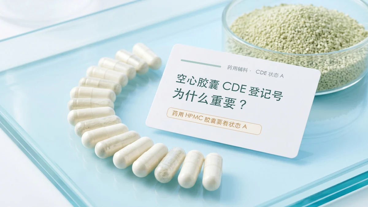 透明空心胶囊样品、粉末和写有CDE登记号的卡片,展示药用HPMC胶囊状态A核对场景。-吉林星源胶囊