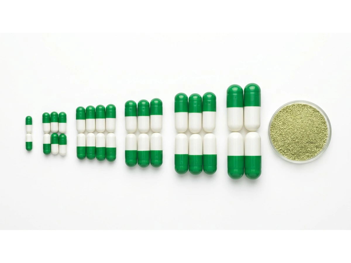 绿色和白色空心胶囊按不同规格排列,旁边放有绿色粉体样品,用于说明植物空心胶囊和明胶空心胶囊区别。-吉林星源胶囊