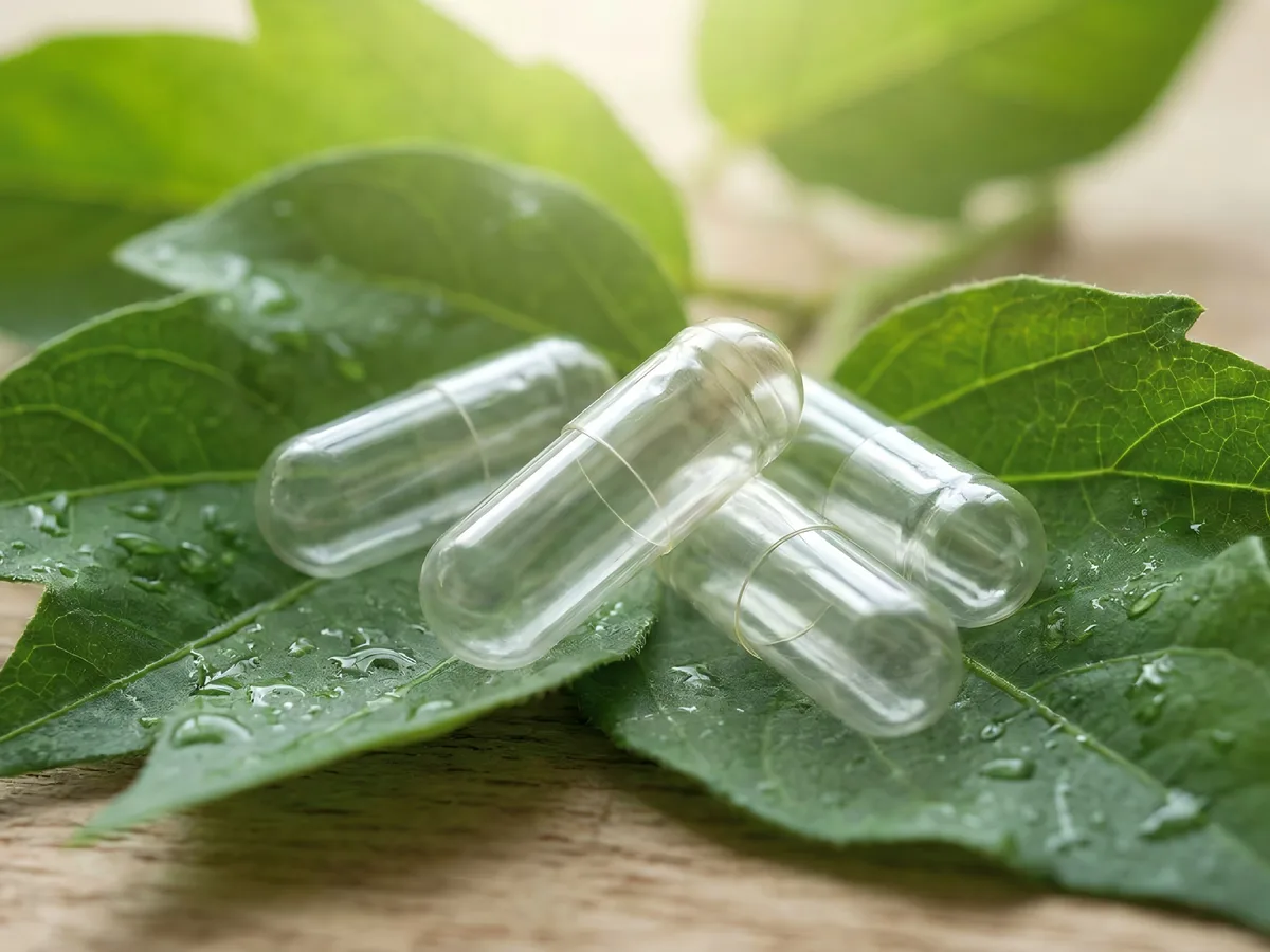植物叶片上的透明空心胶囊用于明胶与HPMC胶囊材质对比-吉林星源胶囊